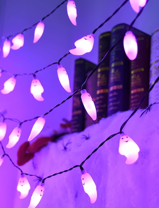 SUNSGNE 21ft Halloween String Lights, 50 LED Purple Ghost String Lights with 8 Modes, Extendable, Waterproof - Spooky Decor for Outdoor Garden Patio Yard House Indoor Bedroom Halloween Party