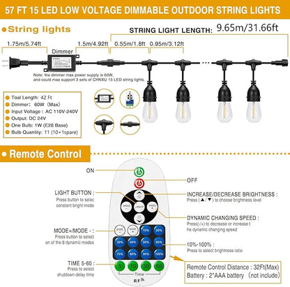 Upgrade 42ft LED Outdoor String Lights for Outside,Low Voltage DC 24V Transformer and Dimmer with IP65 Waterproof 11（10+1spare） Bulbs for Decor Garden Backyard Porch -Warm White