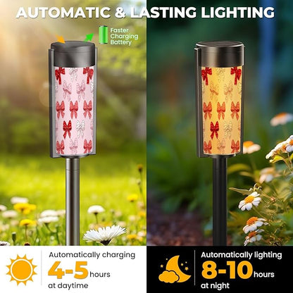 4 Pack Solar Pathway Lights Outdoor Waterproof Valentine Coquette Bow Heart Seamless Red Pink White Holiday Ribbon Solar Garden Lights LED Landscape Lighting for Yard Walkway Lawn Garden Decor