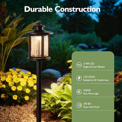 LITFIT Low Voltage Landscape Lighting, 12V 3.4W 155LM 3000K Outdoor Path Lights with Connectors, Crackled Shade, ORB Finish, Waterproof Aluminum LED Walkway Light Wired for Garden Yard, 4 Pack