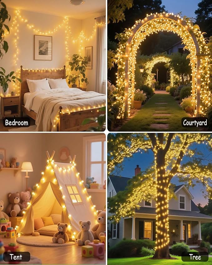 580 LED String Lights, 196FT Indoor Outdoor Fairy Lights, Waterproof Twinkle Christmas Decorations Lights with Remote for Bedroom Outside Tree Garden Halloween Camping Wedding Party Decor, Warm Yellow