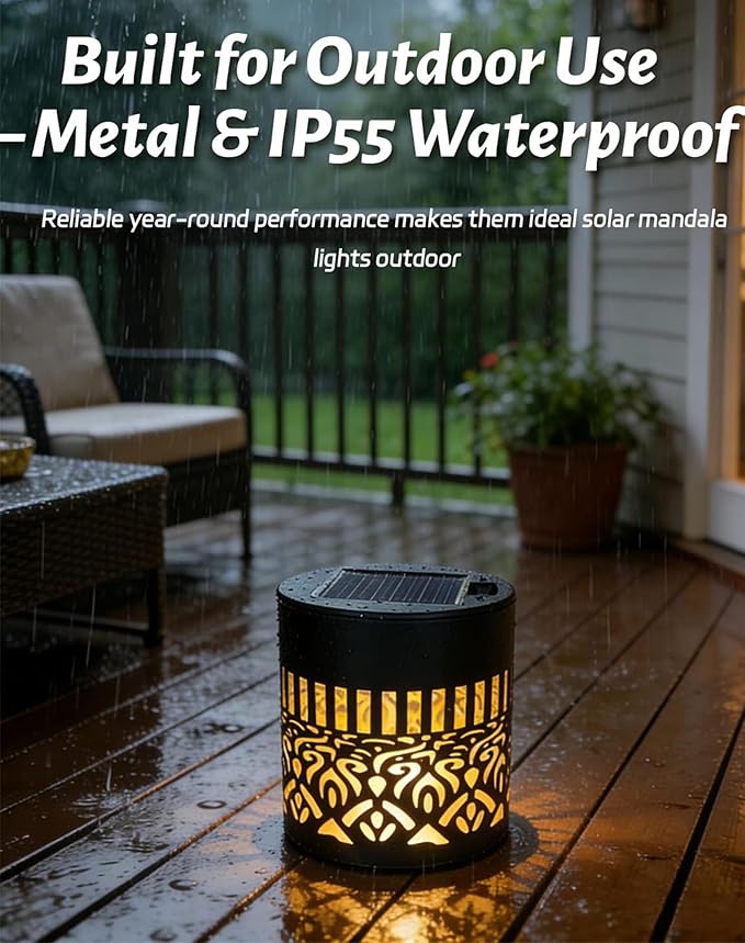 Decorative Solar Mandala Lights Outdoor, 3.34in Metal Solar Powered Outdoor Deck Step Wall Lights with Soft Warm Glow, Mandala Theme Fence Light for Garden Patio Backyard Decor (2Pcs)