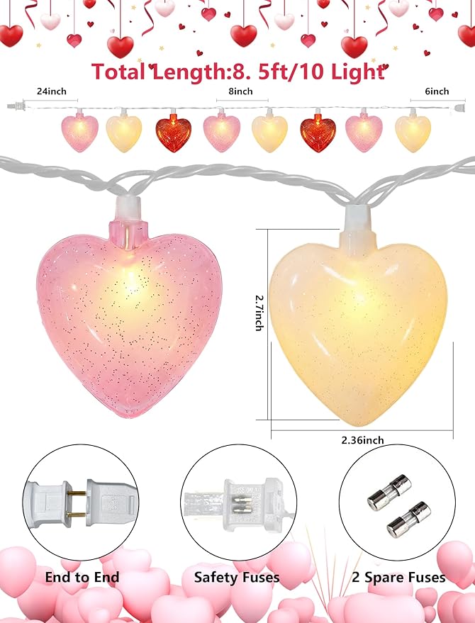 Valentines Day Heart String Lights Plug in, 8.5Ft Indoor Outdoor Valentine's Day Decorations String Lights with 10 LED Red Pink and White Heart Lights for Wedding Party Window Christmas Birthday Decor