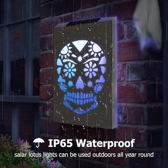 HUAXU Halloween Decorations Outdoor Solar Color Changing Skull Wall Decor LED Lights Skeletong Gost Scary Garden Decor Waterproof Solar Lights for Door Patio Yard Porch Pathway Clearance