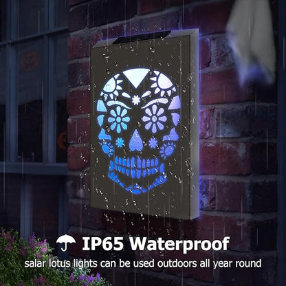 HUAXU Halloween Decorations Outdoor Solar Color Changing Skull Wall Decor LED Lights Skeletong Gost Scary Garden Decor Waterproof Solar Lights for Door Patio Yard Porch Pathway Clearance