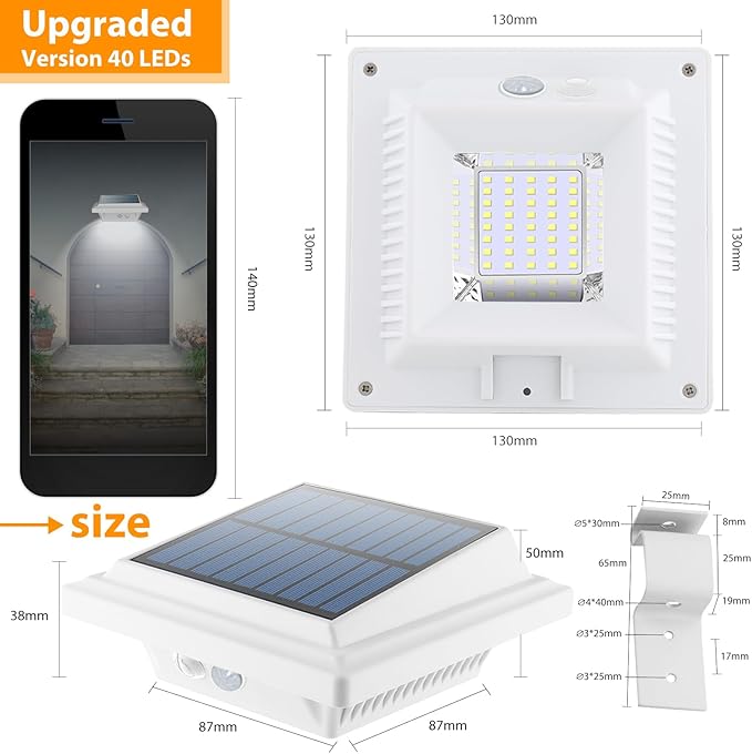 UniqueFire Solar Lights Outdoor, 40 LEDs, Motion Sensor, Wall Mount, White, Cool White, 4 Pack