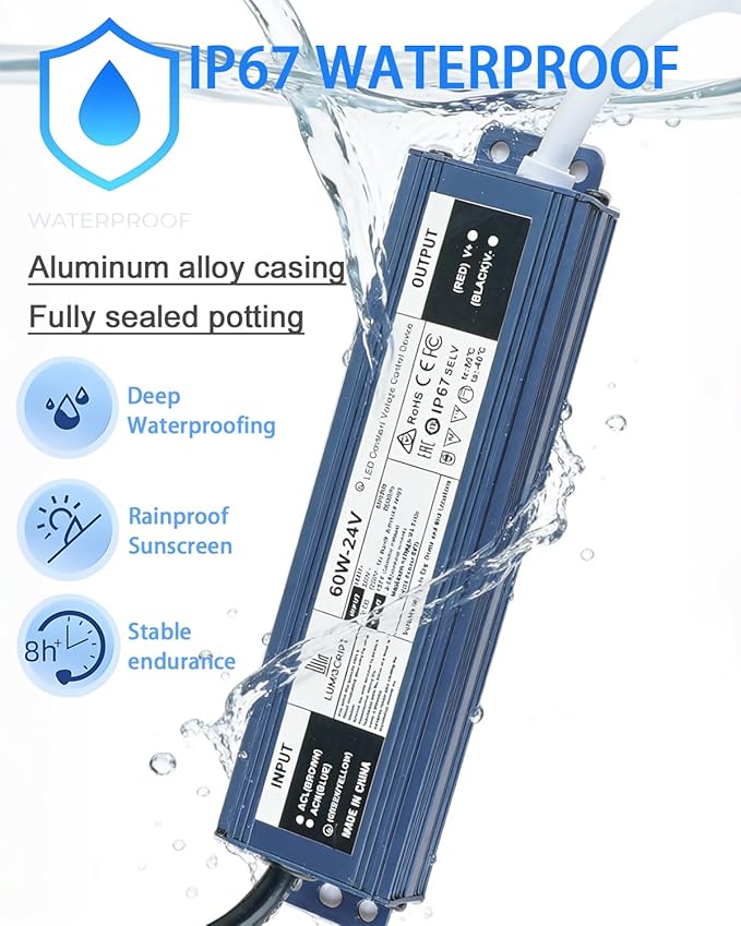 24V 60W Power Supply, IP67 Rainproof Waterproof Outdoor Driver, AC100-240V to DC 24V Low Voltage Transformer | Lumora