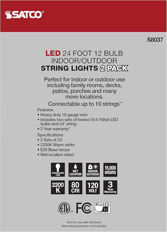 Satco S8037 LED Indoor/Outdoor String Lights, Black, S14 Bulbs, 24 Feet (Pack of 2)