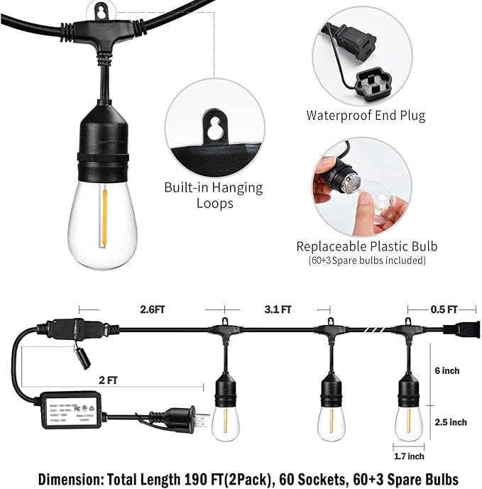 190FT Remote Controlled Outdoor String Lights Patio String Lights for Outside, 60+3 Shatterproof S14 Warm Lights | Lumora
