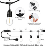 190FT Remote Controlled Outdoor String Lights Patio String Lights for Outside, 60+3 Shatterproof S14 Warm Lights | Lumora