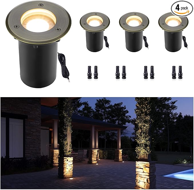 Gardenreet Landscape Well Light - Brass Waterproof Outdoor Ip65 In-Ground Lighting, Wired 12V LED Low Voltage Fixture, Antique Bronze for Lawn Wall Walkway Without MR16 Bulb