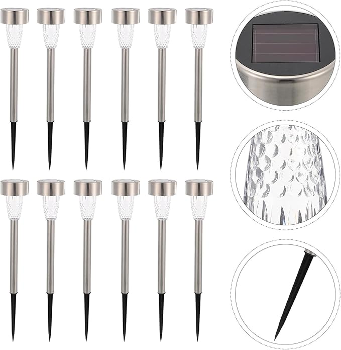 Kisangel 12pcs Outdoor Solar Pathway Lights Stainless Steel Warm Glow Lawn Lights for Garden Patio Walkway Easy Installation 12pcs