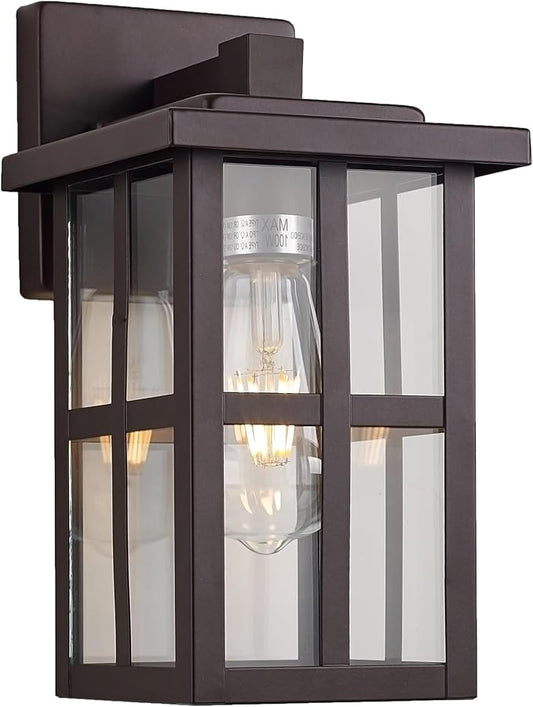 MICSIU Bronze Outdoor Wall Light Fixture, 11" Modern Farmhouse Exterior Wall Mount Lantern with Clear Glass, Anti-Rust Square Sconce for House Porch Garage, Oil Rubbed Bronze, 1-Pack