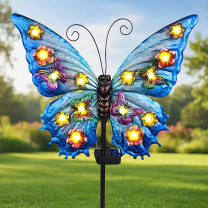 Butterfly Solar Lights Outdoor Waterproof Large with 14 String Bulbs and Flowers, Solar Garden Stakes Butterfly Yard Decor Gardening Gifts for Women Mom Grandma Gardeners Enthusiasts 50"