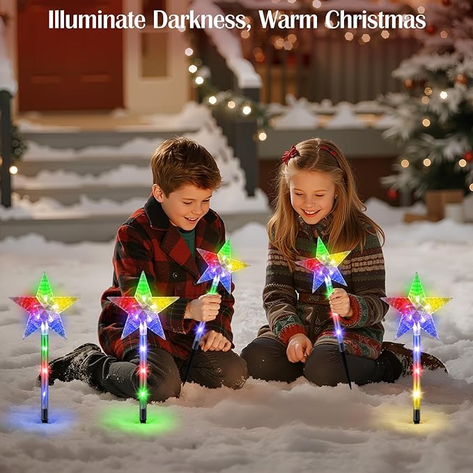 Luxspire Christmas Pathway Lights Outdoor, 5 Pack Solar Walkway Light Waterproof & Auto On/Off, Outdoor Christmas Decorations for Holiday Garden Patio Lawn Yard, Star + Colorful Light