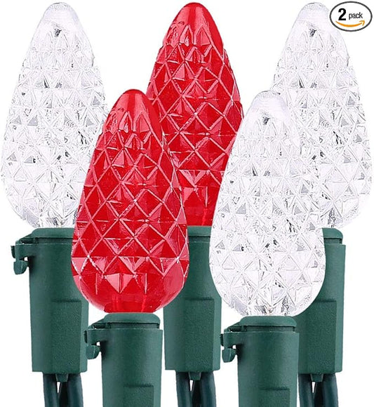 Brizled C5 Christmas String Lights, 33ft 100 LED Christmas Tree Lights, 120V Connectable Faceted Xmas String Light Indoor Outdoor Xmas Lighting for Home Tree Roof Party Decor, Red & Cool White, 2 Pack