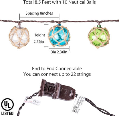 Decorative String Lights Plug in with 10 Incandescent Bulbs, Nautical Fishing Float String Lights Connectable Weatherproof for Indoor Home Tiki Bar Decor and Outdoor Patio Decorations (Three-color)