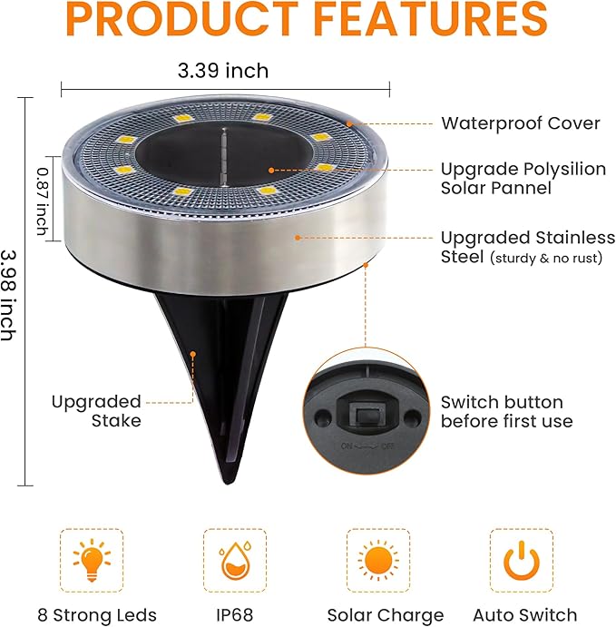 Siatom Stainless Steel Solar Ground Lights 8 Pack, IP68 Waterproof Solar In-Ground Light for Outdoor, Flat | Lumora