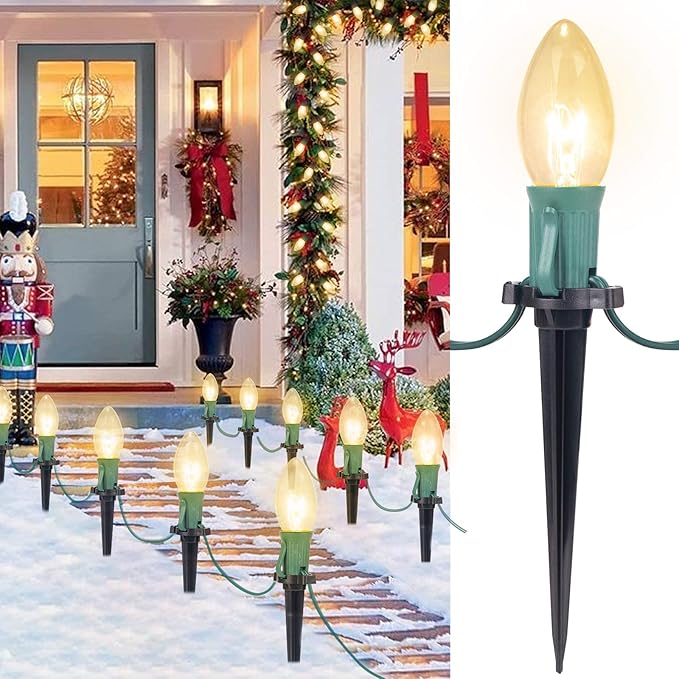 C9 Christmas Pathway String Lights, 25.7 Feet 40 Clear Lights and 20 Stakes, Extendable Waterproof for Outdoor Walkway and Driveway, UL Listed, Warm White