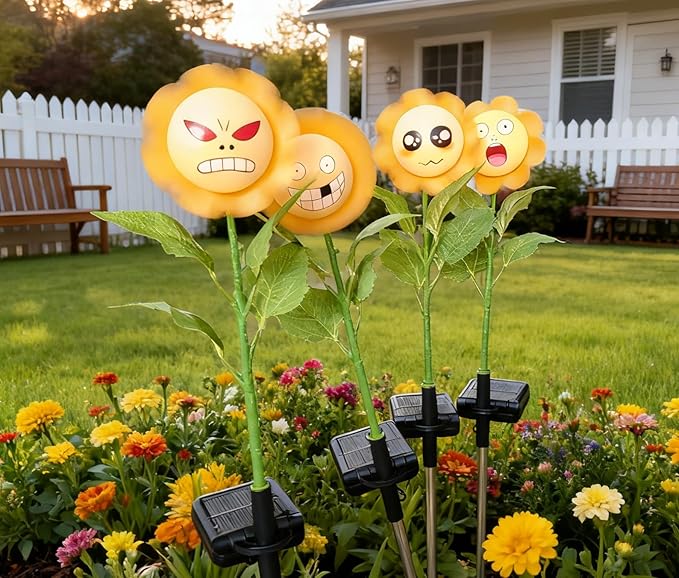 4 Pack Bobble Face Wind Spinners Sunflower Fairy Light Pinwheels Solar Light Outdoor - Garden Decor, Waterproof Auto-On/Off Pathway, Lawn, Yard Stake Light Windmill for Decorations