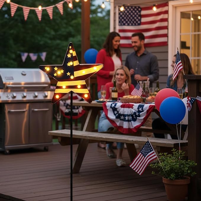 Garden Solar Lights 4th of July Decorations 3D Metal Stars for Outside with 11 Vintage Bulbs, Memorial Day Decorations American Flag Lights Patriotic Decor Outdoor Solar Pathway Light 46.5”