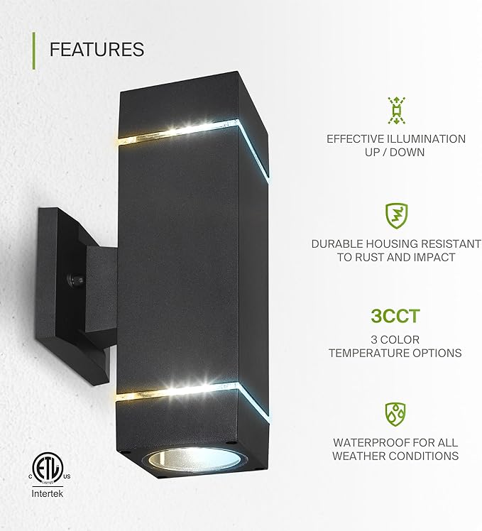 ASD 2 Light Square LED Indoor & Outdoor Wall Light Fixture | 18W 1180LM 3000K-5000K 100-277V Cylinder Up Down Lights | Dimmable Front Door, Porch, Patio Exterior Wall Sconce | Ringed Black, ETL 2 Pack
