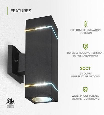 ASD 2 Light Square LED Indoor & Outdoor Wall Light Fixture | 18W 1180LM 3000K-5000K 100-277V Cylinder Up Down Lights | Dimmable Front Door, Porch, Patio Exterior Wall Sconce | Ringed Black, ETL