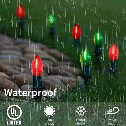 25FT C7 Christmas Lights Outdoor, Red Green Classic 2-Color LED String Lights for Roof, Fence, Tree, Traditional Holiday Decor