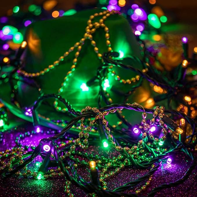 Novelty Lights 50ft 100 LED Yellow/Purple/Green Mardi Gras Lights Outdoor/Indoor, 6" Spacing, Green Wire String Lights for Festive Xmas Lighting, IP55, UL Listed, Dimmable, Connectable
