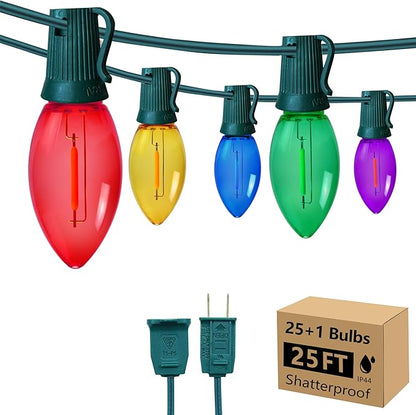 C9 Christmas String Lights, 25FT 26 Bulbs Bright & Multicolor Outdoor Christmas Lights, Outdoor Indoor Xmas Roofline Backyard Garden Patio Home Holiday Decor, Waterproof Extendable Green Wire