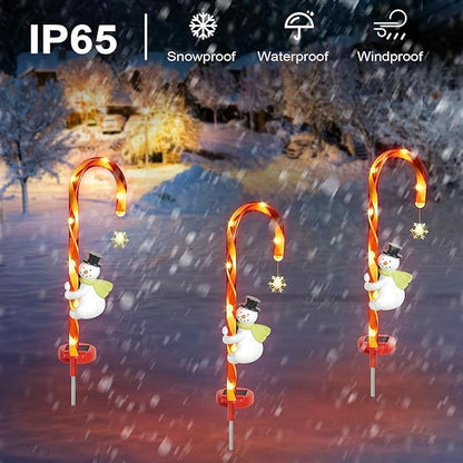 2 Pieces Set 27 Inch Christmas Solar Snowman Candy Cane Lights Pathway Markers Waterproof Outdoor Landscape Lights Decor Garden Spotlights for Xmas Party Lawn Wedding Festival CCN2