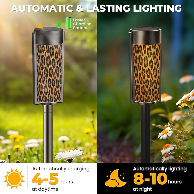 4 Pack Solar Pathway Lights Outdoor Waterproof Animal Skin Leopard Seamless Design Leopard Cheetah Panther Fur Solar Garden Lights LED Landscape Lighting for Yard Walkway Lawn Garden Decor