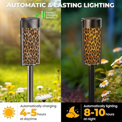 4 Pack Solar Pathway Lights Outdoor Waterproof Animal Skin Leopard Seamless Design Leopard Cheetah Panther Fur Solar Garden Lights LED Landscape Lighting for Yard Walkway Lawn Garden Decor