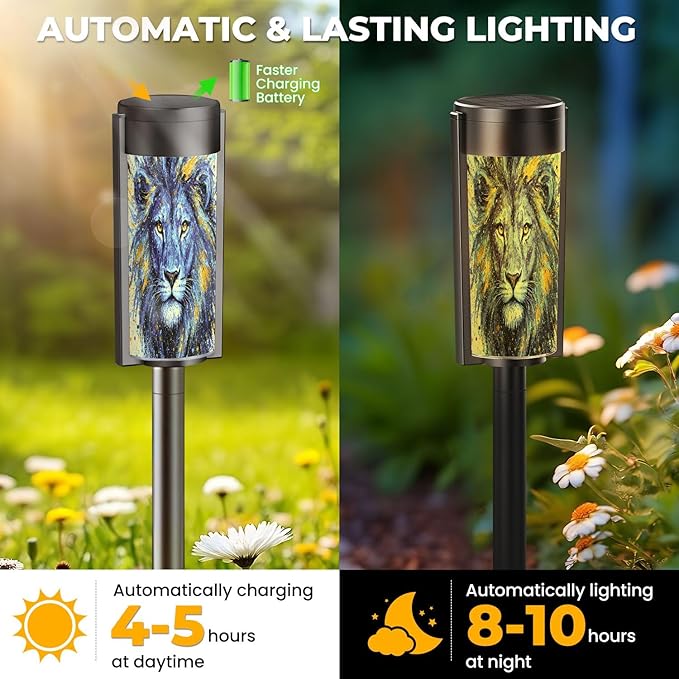 4 Pack Solar Pathway Lights Outdoor Waterproof Lion Animal Blue Majestic Mane Splatter Effects Golden Accents Intense Solar Garden Lights LED Landscape Lighting for Yard Walkway Lawn Garden Decor