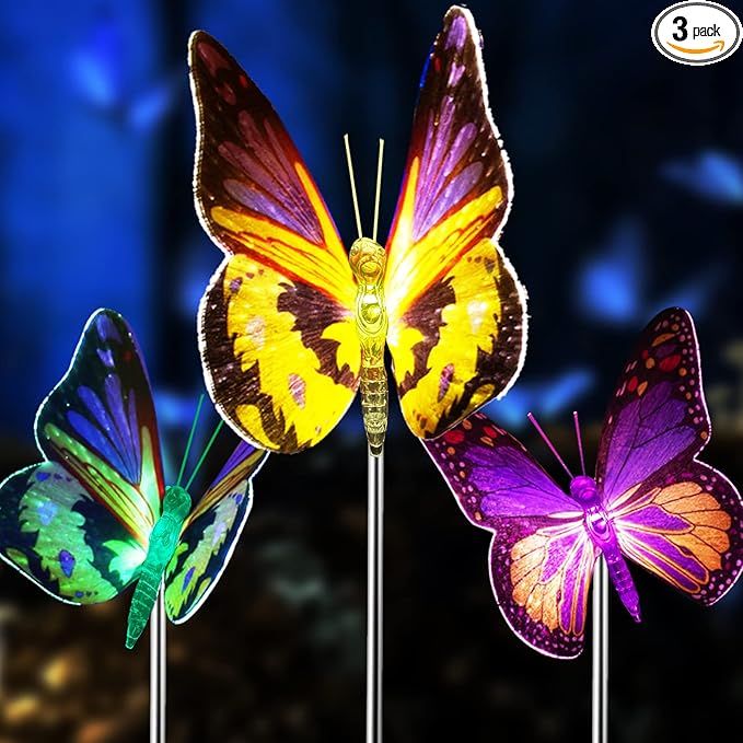 Outdoor Solar Garden Lights,3 Pack Butterfly Decorative-Waterproof Color Changing LED Outdoor Lights,Solar Powered | Lumora