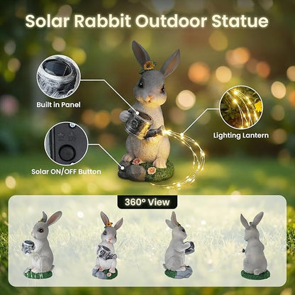 Solar Rabbit Garden Statues Outdoor Decor, Resin Rabbit Figurine Decorations with Solar Light, Whimsical Bunny Sculpture for Patio, Balcony, Yard, Lawn Ornament, Perfect Garden Gift