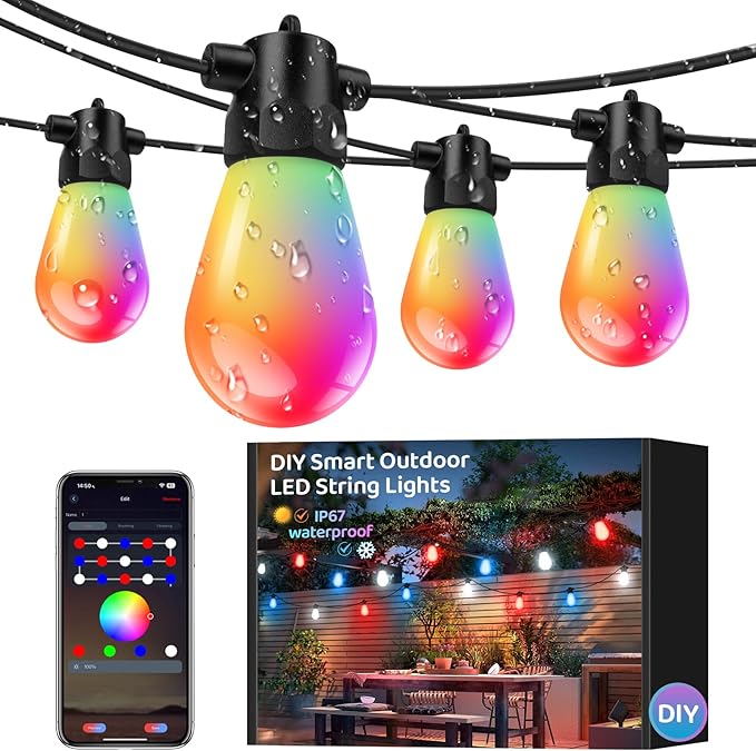 IP67 Waterproof DIY Design 100FT 30LEDS Smart RGB+IC Outdoor String Lights,Color Changing Bluetooth S14 LED Patio Lights with Remote&APP for Outside