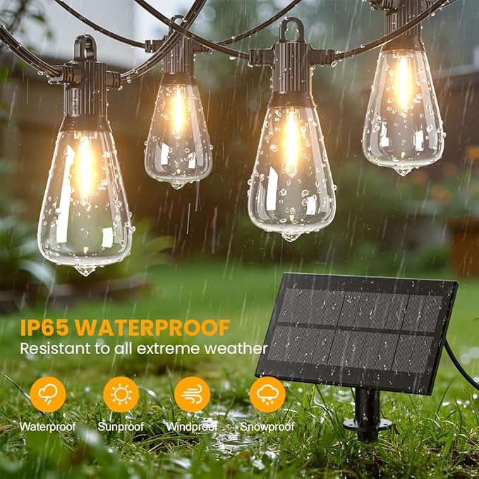 100FT Solar String Lights Outdoor Waterproof IP65 with USB-Charging , Solar Powered LED Patio Lights with 50+2 | Lumora