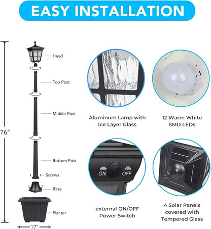 Kemeco Solar Post Light, ST4311AHP Dusk to Dawn Outdoor Bright Post Lamp with Planter for Lawn Yard Garden Patio Deck Walkway Landscape Decor (Lamp+Planter)