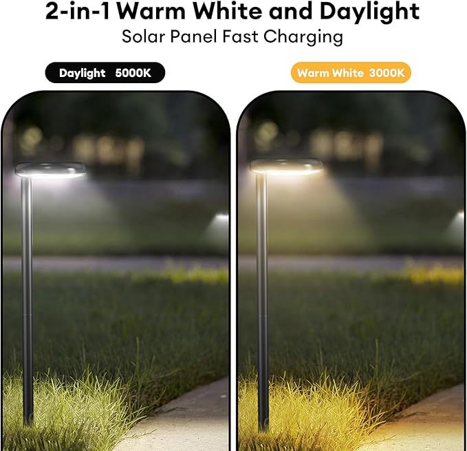 Solar Pathway Lights - Super Bright 300 Lumens with 2-in-1 Warm White & Daylight Color, Solar Path Lights for Pathway, Sidewalk, Driveway, Garden,Parterre etc,Landscape Lighting (2-Pack)