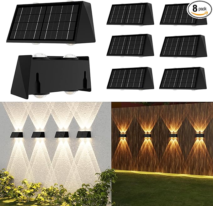 8-Pack Solar Fence Lights, Up & Down Lighting, 50LM/25LM 4 Modes (3000K/6500K), IP65 Waterproof, 1200mAh Battery | Lumora