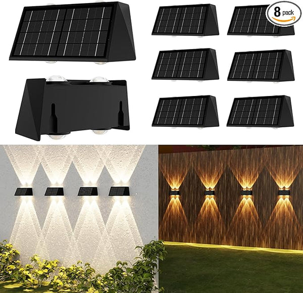 8-Pack Solar Fence Lights, Up & Down Lighting, 50LM/25LM 4 Modes (3000K/6500K), IP65 Waterproof, 1200mAh Battery | Lumora