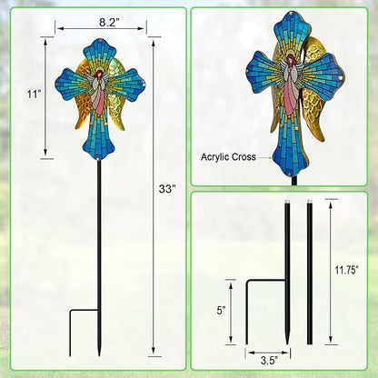 WAIU Solar Cross Garden Stake Lights, Angel Wings Waterproof Solar Outdoor Lights for Garden Yard Cemetery Decor, Memorial Cross Solar Christmas Lights