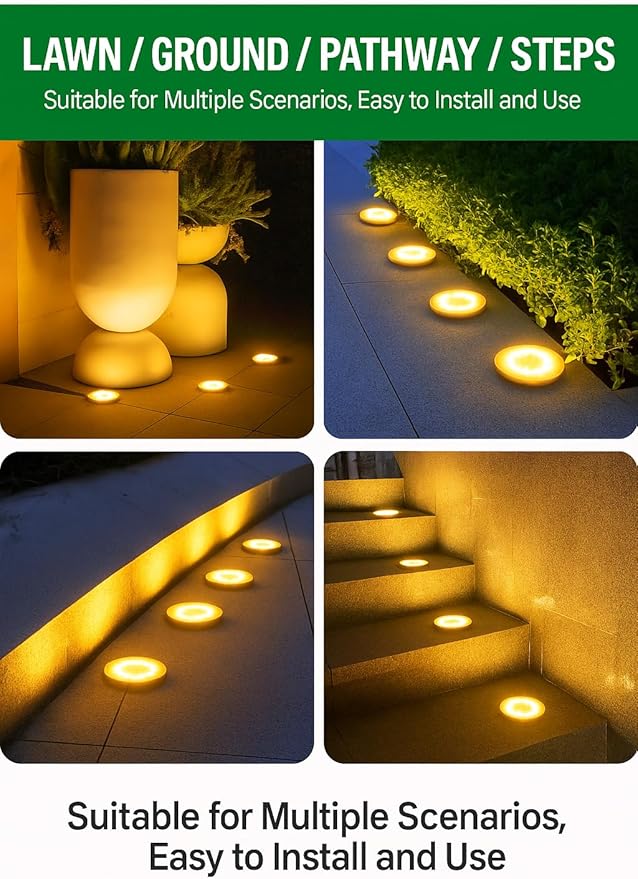 JT Morolux Solar Ground Lights, LED Disk Lights, White, Waterproof Outdoor Path Lights for Garden, Lawn, Walkway, Driveway (Cool White, 4)