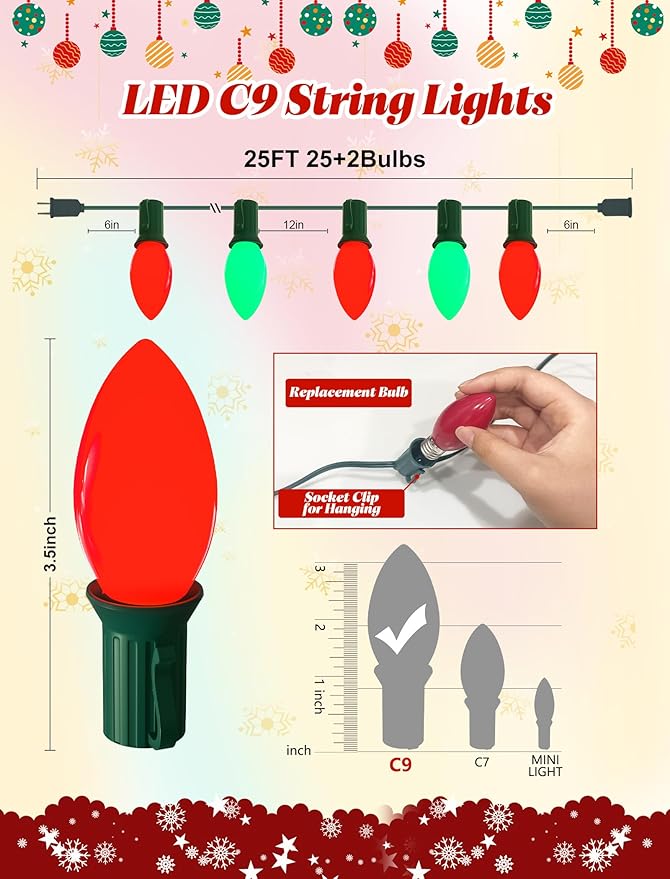 C9 LED Christmas String Lights Outdoor, 25Ft Red and Green Vintage Christmas Lights with 26 C9 Red/Green Bulbs | Lumora