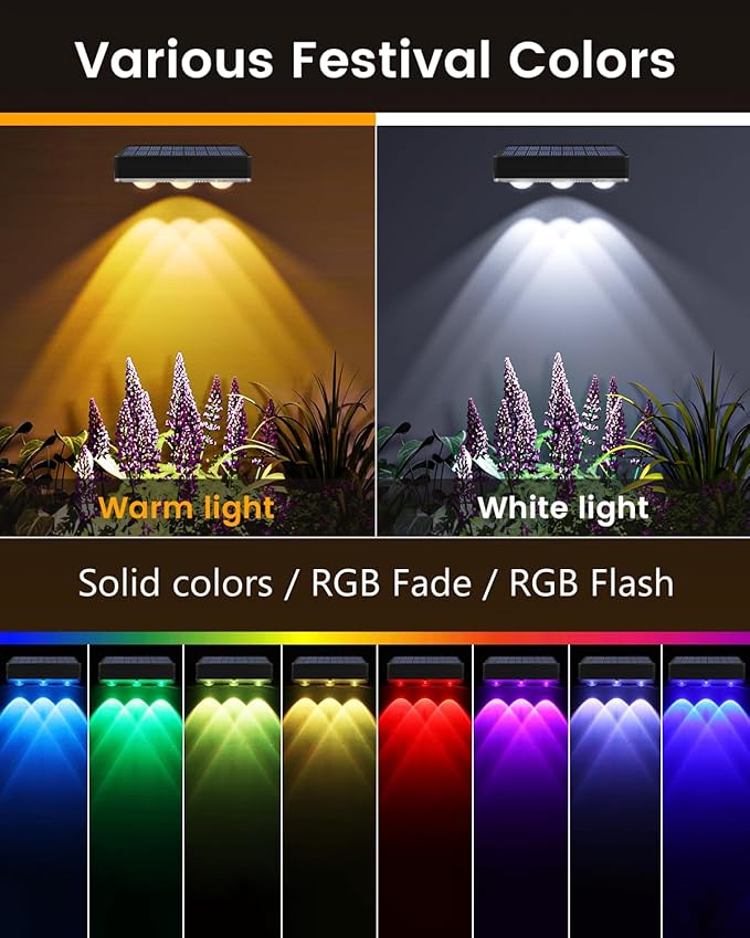 Solar Fence Lights Outdoor Waterproof Led, 1300mAh,16pack,6 inch Solar Lights for Fence with Warm White & RGB 8 Colors,Outdoor Solar Lights for Patio, Backyard, Deck, Railing (Black)
