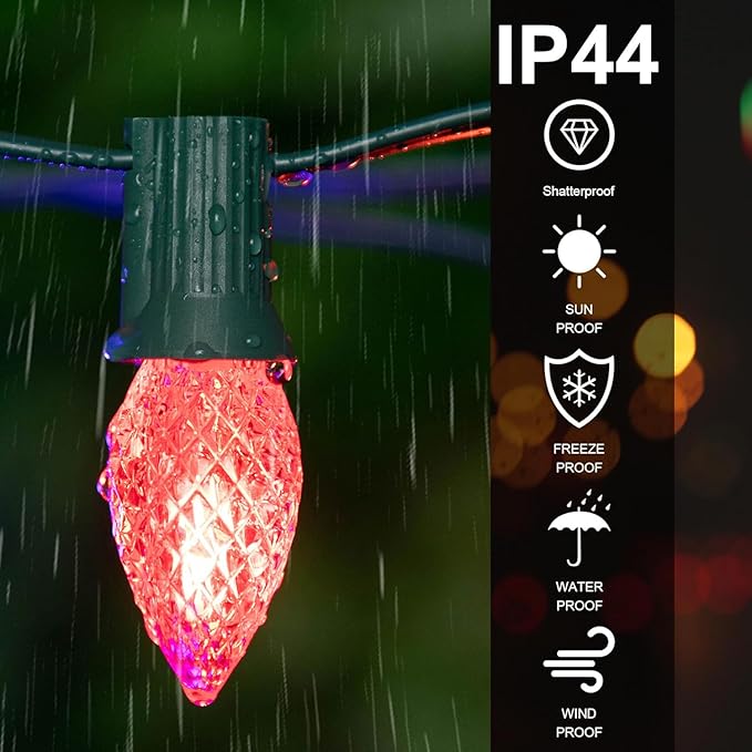Sxminer C7 strawberry Outdoor String Lights 49FT with 26 LED Bulbs(1 Spare) Waterproof Shatterproof Multicolor Bulbs,Outdoor Decoration Lights for Patio Backyard Roofline Garden Yard(black wire）
