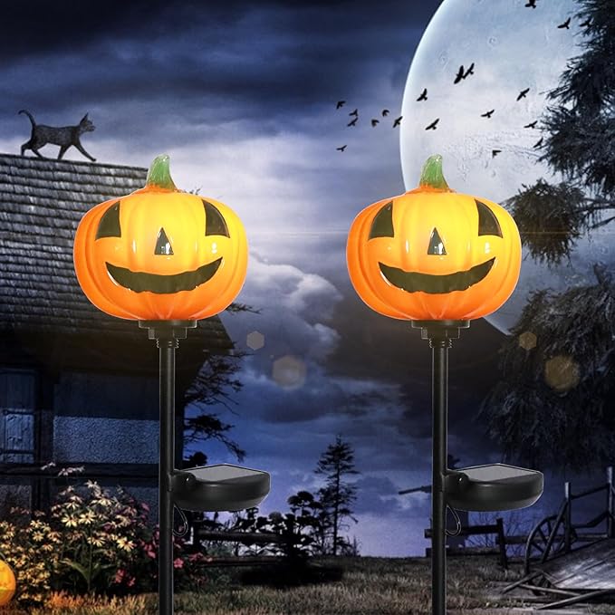 Bshine Solar Garden Lights Pumpkin Halloween Decorations, Outdoor Hand Blown Glass Pumpkin Metal Stakes Waterproof Garden Decor Patio Path Decorative Lights for Halloween Party, Fall Festivals, 2 Pack
