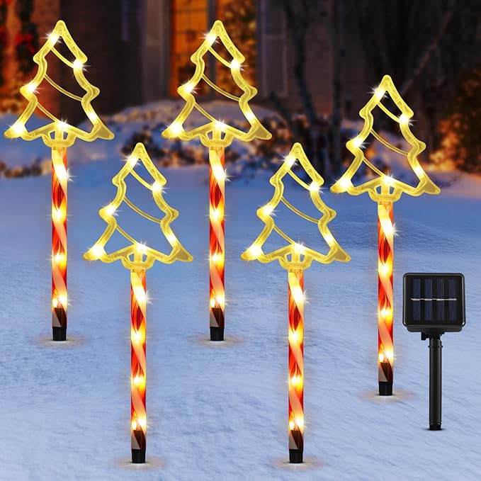 Lewondr Solar Christmas Pathway Lights, 5 PCS Solar Christmas Decorations Outdoor with 2 Lighting Modes, Clear Xmas Tree Lights with Red Pole and Garden Stake, Waterproof Garden Yard Holiday Decor