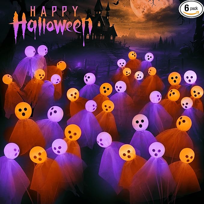 VIHOSE 6 Packs Halloween Solar Lights Outdoor 36 LED Solar Ghost Pathway Lights Waterproof Spooky Ghost Path Light Outdoor Halloween Decorations for Outside Garden Lawn Yard Decors (Purple Orange)